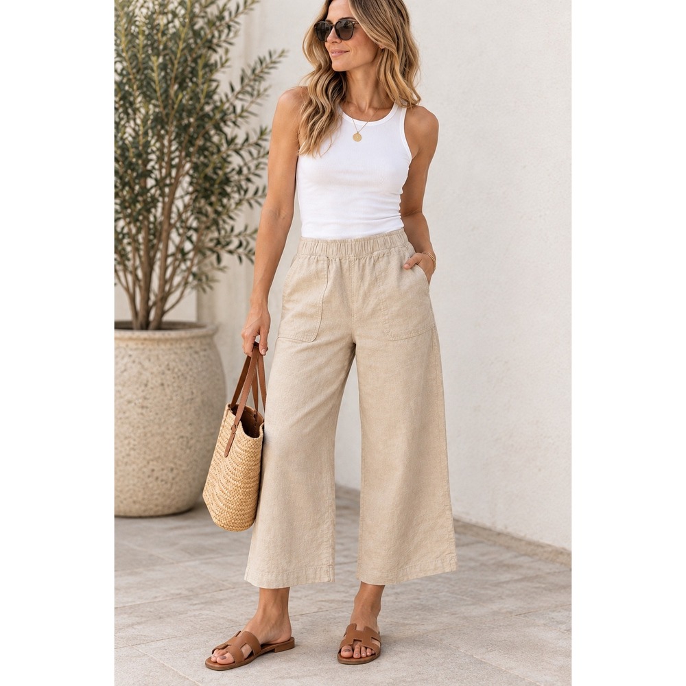 Sigrid Olsen Linen Blend Wide Leg Crop Pants Beige Elastic Waist Small